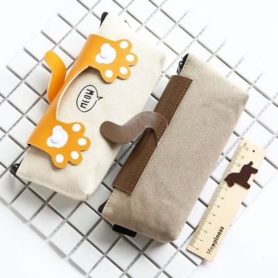 Zippered Canvas Pencil Bag in Adorable Cartoon Cat Print for Personalized Stationery